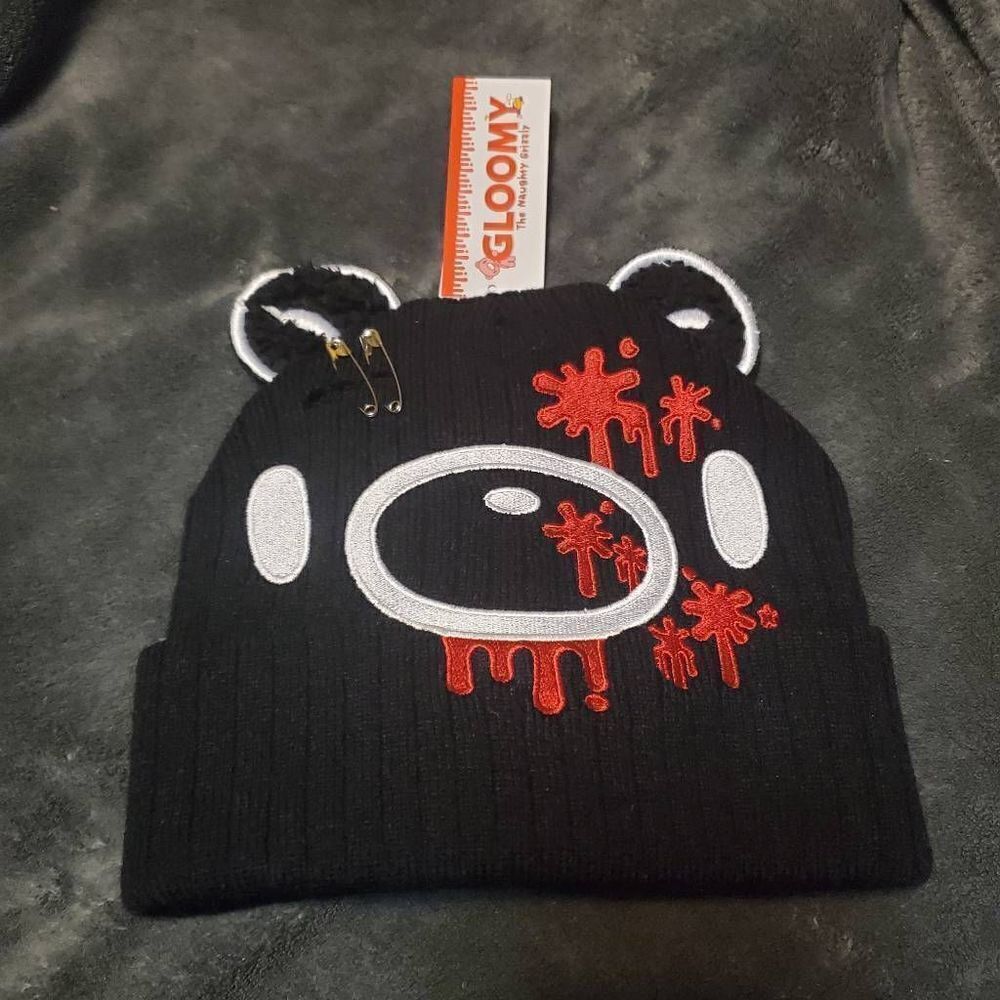 Black Gloomy Goth, Emo, Punk Bear Bloody Beanie Hoodie with Safety Pin Ear